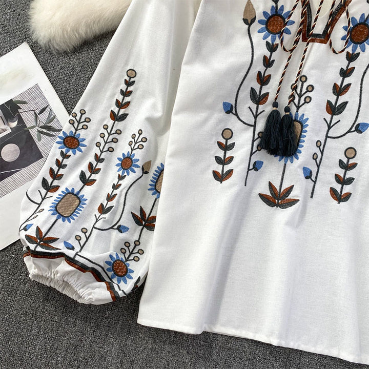 Buddha Stonesカジュアル刺繍花葉柄レディースコットンリネンラウンドネックTシャツ  - image 13