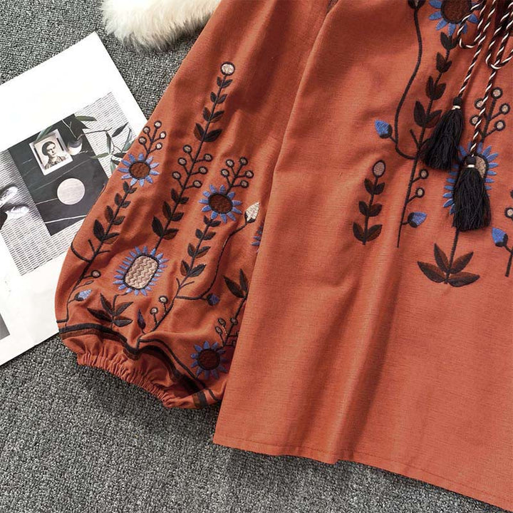 Buddha Stonesカジュアル刺繍花葉柄レディースコットンリネンラウンドネックTシャツ  - image 20