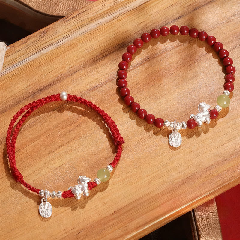 Buddha Stones午年 辰砂 和田翡翠 999スターリングシルバー赤紐コンセントレーションブレスレット - コンビネーションセット（手首周り：14～15cm） - image 0