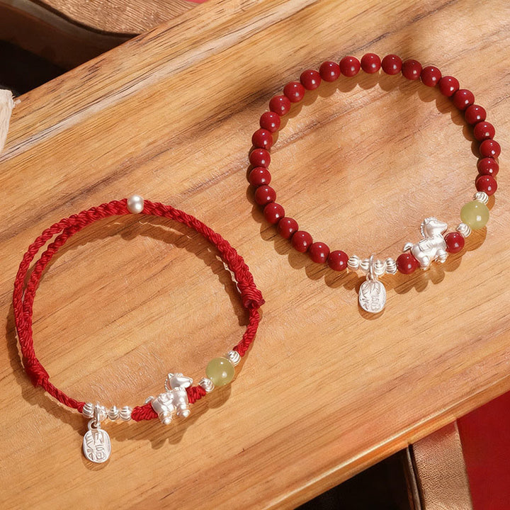 Buddha Stones午年 辰砂 和田翡翠 999スターリングシルバー赤紐コンセントレーションブレスレット - コンビネーションセット（手首周り：14～15cm） - image 0