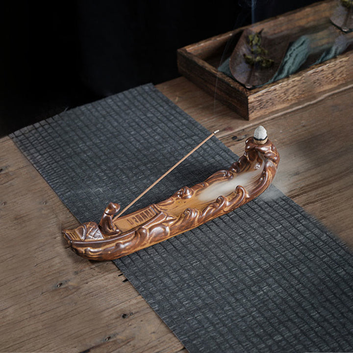 Buddha Stones小型ボート 蝉 家の装飾 香炉 - 孤独なボートからの釣り（25×5.5×5.5cm） - image 0