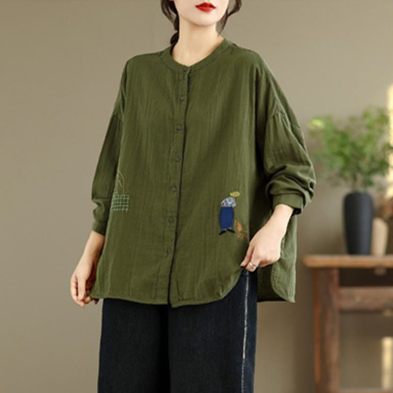 Buddha Stonesの秋の刺繍、人物と犬の模様、ラウンドネックボタン、レディース長袖シャツ - image 23