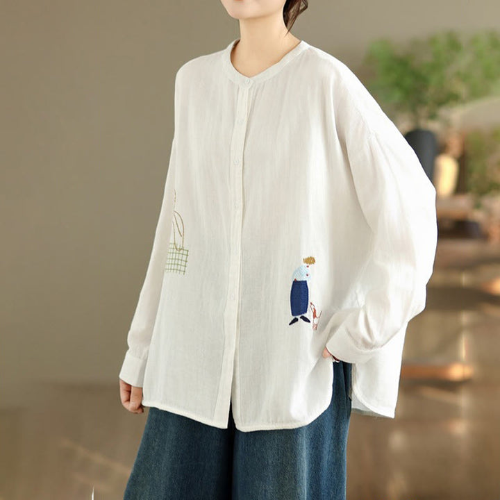 Buddha Stonesの秋の刺繍、人物と犬の模様、ラウンドネックボタン、レディース長袖シャツ - image 12