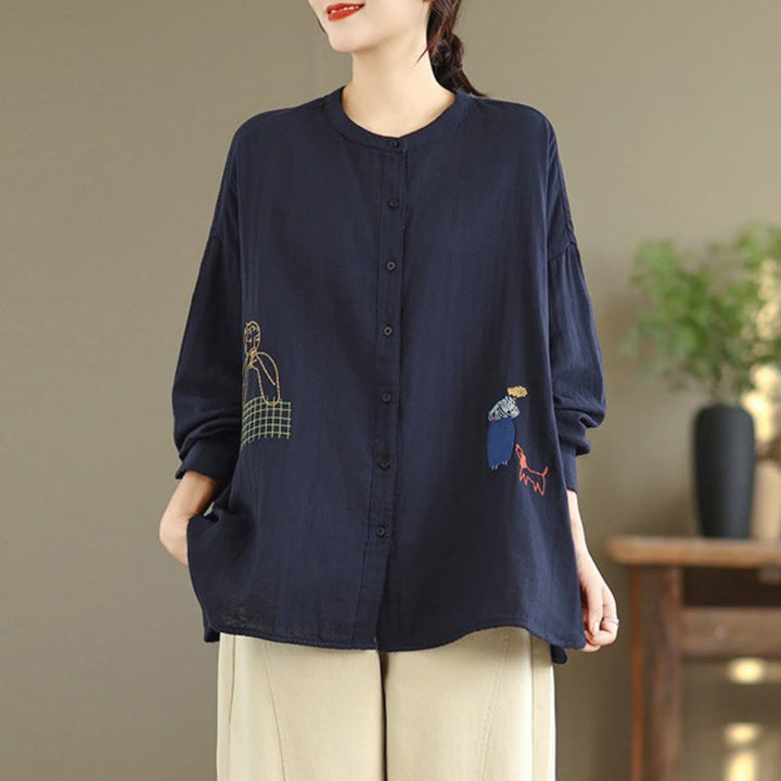 Buddha Stonesの秋の刺繍、人物と犬の模様、ラウンドネックボタン、レディース長袖シャツ - image 3