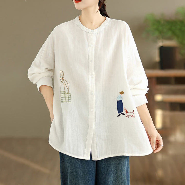 Buddha Stonesの秋の刺繍、人物と犬の模様、ラウンドネックボタン、レディース長袖シャツ - image 15