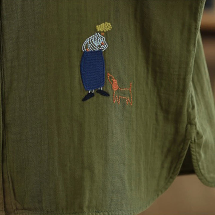 Buddha Stonesの秋の刺繍、人物と犬の模様、ラウンドネックボタン、レディース長袖シャツ - image 30