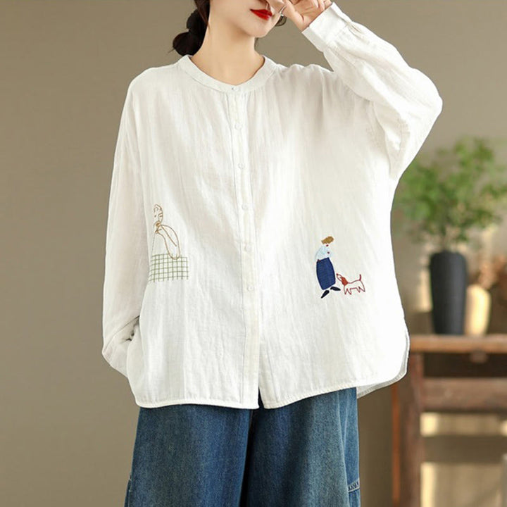 Buddha Stonesの秋の刺繍、人物と犬の模様、ラウンドネックボタン、レディース長袖シャツ - image 9