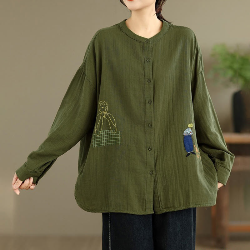Buddha Stonesの秋の刺繍、人物と犬の模様、ラウンドネックボタン、レディース長袖シャツ - image 24