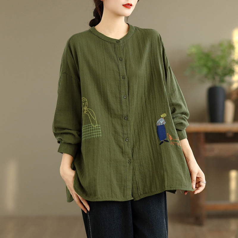 Buddha Stonesの秋の刺繍、人物と犬の模様、ラウンドネックボタン、レディース長袖シャツ - image 21