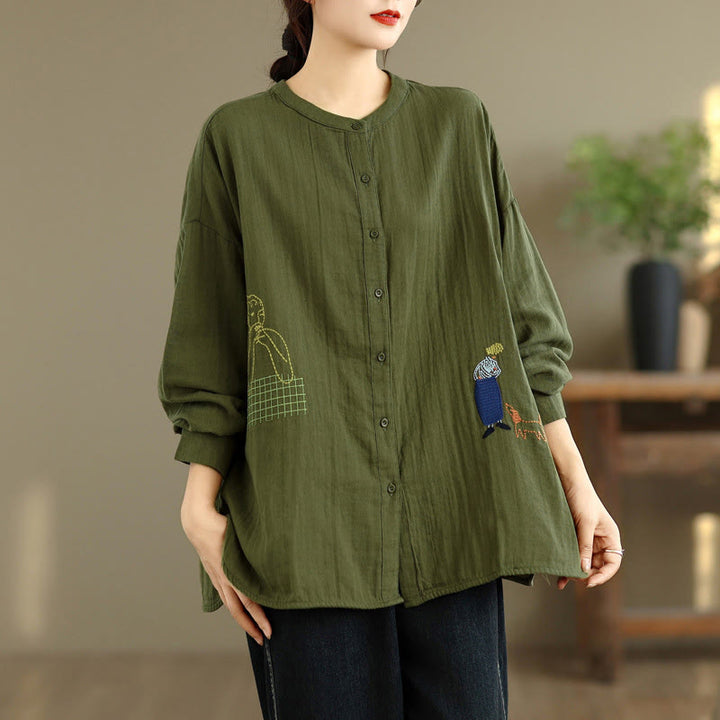 Buddha Stonesの秋の刺繍、人物と犬の模様、ラウンドネックボタン、レディース長袖シャツ - image 21