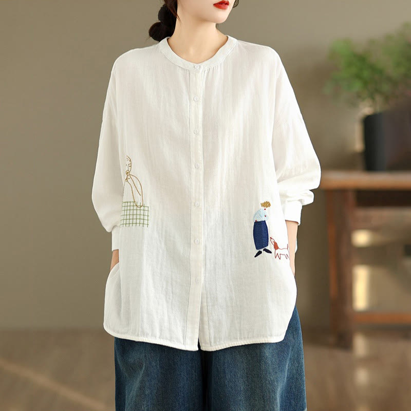 Buddha Stonesの秋の刺繍、人物と犬の模様、ラウンドネックボタン、レディース長袖シャツ - image 11