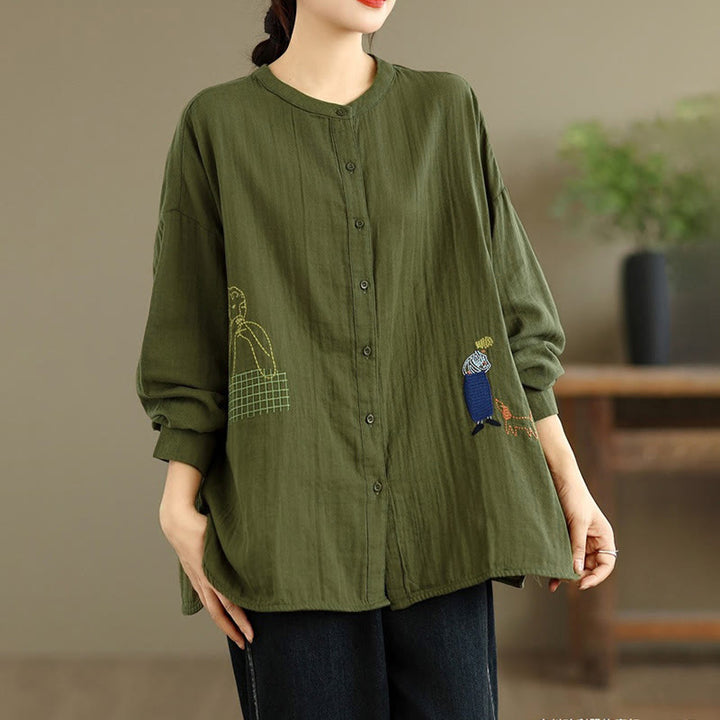 Buddha Stonesの秋の刺繍、人物と犬の模様、ラウンドネックボタン、レディース長袖シャツ - image 20