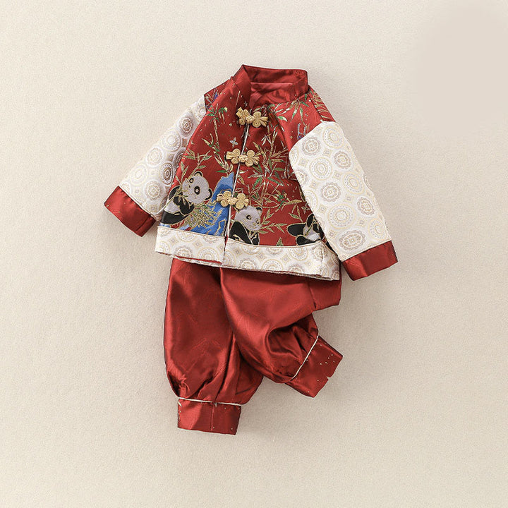 Buddha Stones 2点セット 冬 かわいいパンダ 竹デザイン 男の子 長袖 唐装 伸縮性ウエストパンツ 衣装セット - image 1