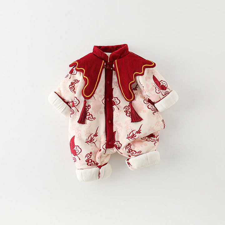 Buddha Stonesと冬の蝶と縁起の良い雲のデザイン 女の子用コットン長袖ワンピースロンパース - image 3