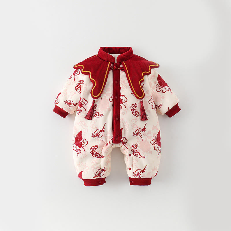 Buddha Stonesと冬の蝶と縁起の良い雲のデザイン 女の子用コットン長袖ワンピースロンパース - ラベンダーブラッシュ - 10～15ヶ月 - image 0