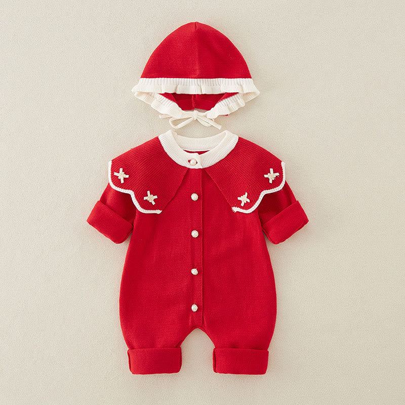 Buddha Stones春秋カラーブロッキング ベビーガールズ 長袖 フード付き ニットワンピース ロンパース - 赤 - 9～12ヶ月 - image 0