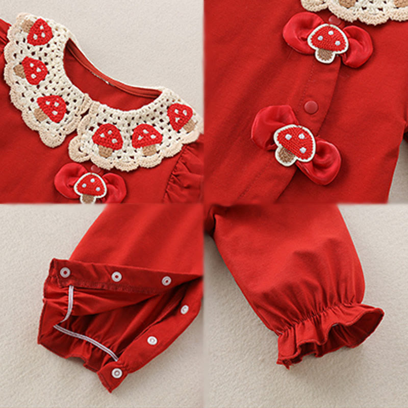 Buddha Stones春秋 レッド ストロベリーデザイン ベビーガール コットン 長袖 ワンピース ロンパース - image 4