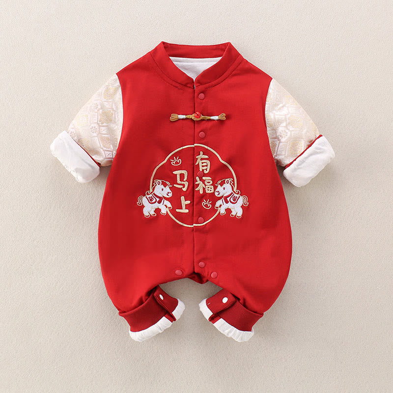 Buddha Stones春 秋 赤 午年 幸運 デザイン ベビー 女の子 男の子 コットン 長袖 ワンピース ロンパース - image 1