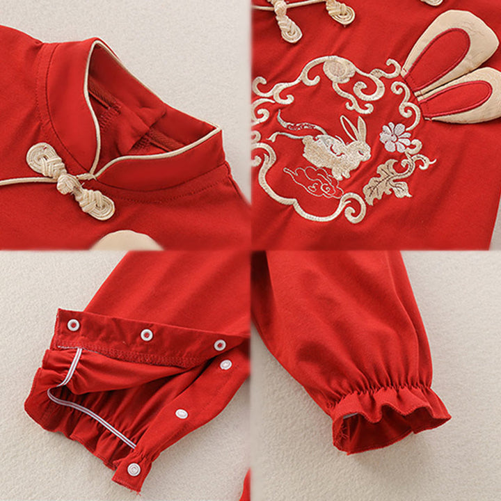 Buddha Stones春秋 赤ウサギデザイン ベビーガール コットン 長袖 ワンピース ロンパース - image 4