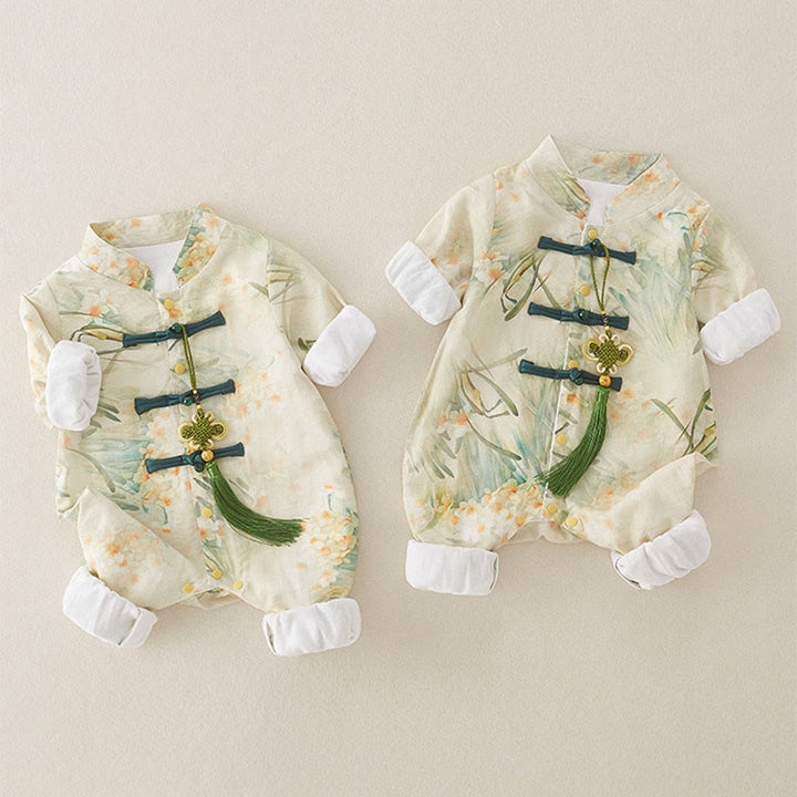 Buddha Stones、春、秋、ベージュ、花、緑の草のデザイン、ベビーガール、コットン、長袖、ワンピース、ロンパース - image 5