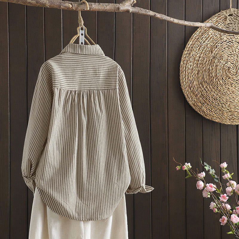 Buddha Stones秋 ストライプ スタンドカラー ボタン レディース 長袖 シャツ ポケット付き - image 3