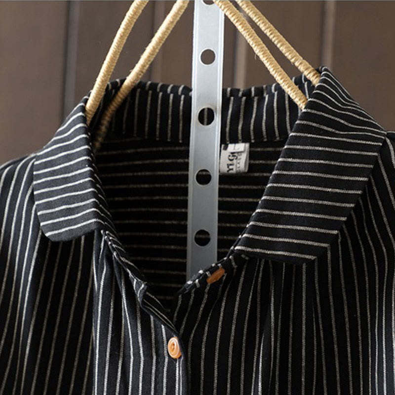 Buddha Stones秋 ストライプ スタンドカラー ボタン レディース 長袖 シャツ ポケット付き - image 15