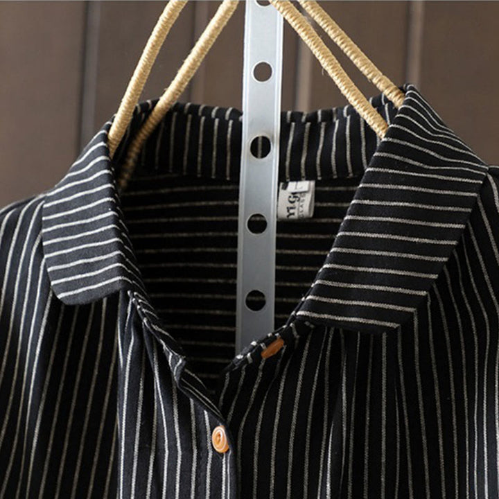 Buddha Stones秋 ストライプ スタンドカラー ボタン レディース 長袖 シャツ ポケット付き - image 15