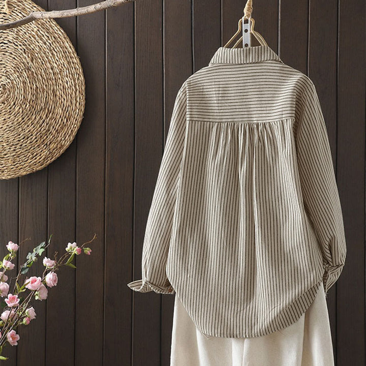 Buddha Stones秋 ストライプ スタンドカラー ボタン レディース 長袖 シャツ ポケット付き - image 4