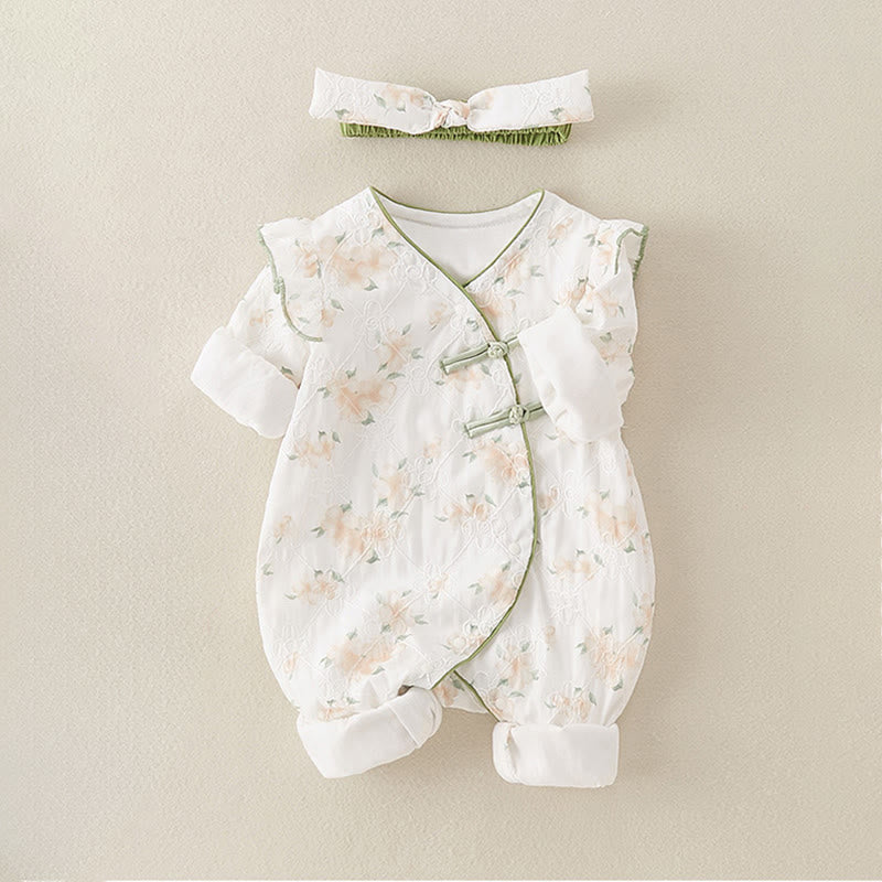 Buddha Stones春 秋 ライトイエロー 花柄 Vネックデザイン ベビーガール コットン 長袖 ワンピース ロンパース - image 4