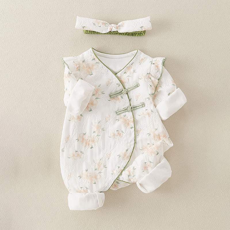 Buddha Stones春 秋 ライトイエロー 花柄 Vネックデザイン ベビーガール コットン 長袖 ワンピース ロンパース - image 2