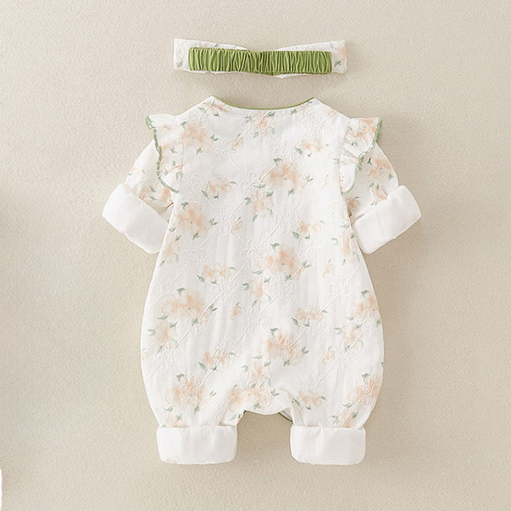 Buddha Stones春 秋 ライトイエロー 花柄 Vネックデザイン ベビーガール コットン 長袖 ワンピース ロンパース - image 1