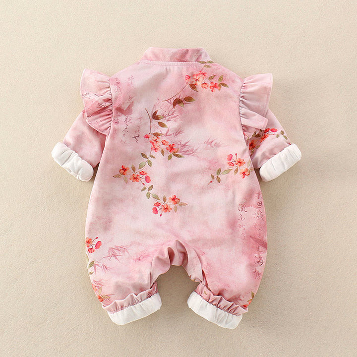 Buddha Stones、春、秋、ピンク、赤、花、緑の葉のデザイン、ベビーガール用コットン長袖ワンピースロンパース - image 2