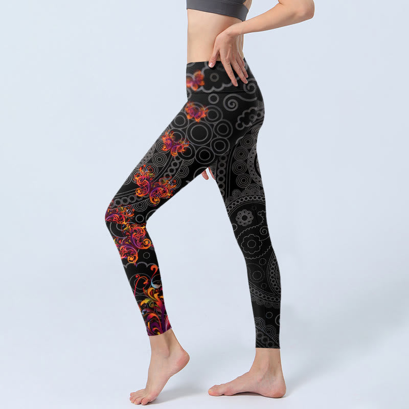 Buddha Stones強いコントラストの花柄ペイズリー柄ジムレギンス レディース ヨガパンツ - image 2
