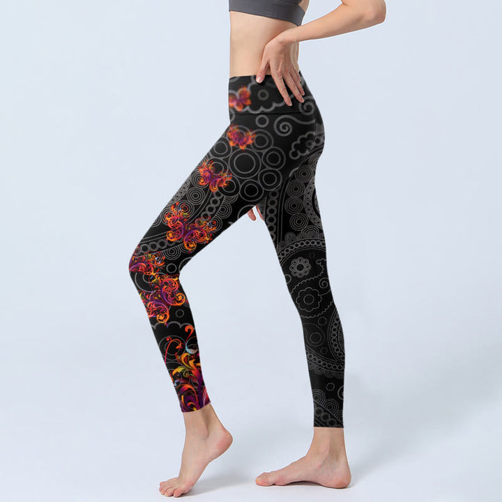 Buddha Stones強いコントラストの花柄ペイズリー柄ジムレギンス レディース ヨガパンツ - image 2