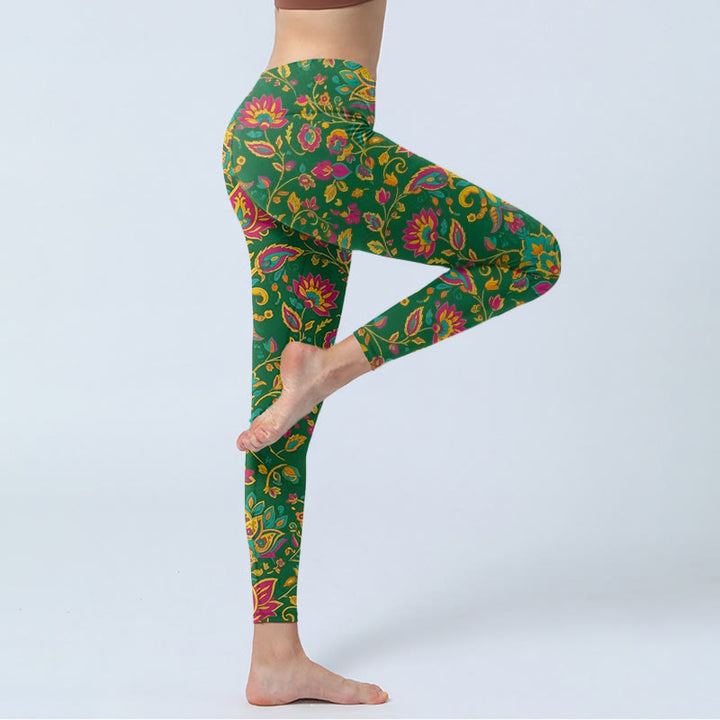 Buddha Stones鮮やかな色の花と葉の模様 ジムレギンス レディース ヨガパンツ - image 3