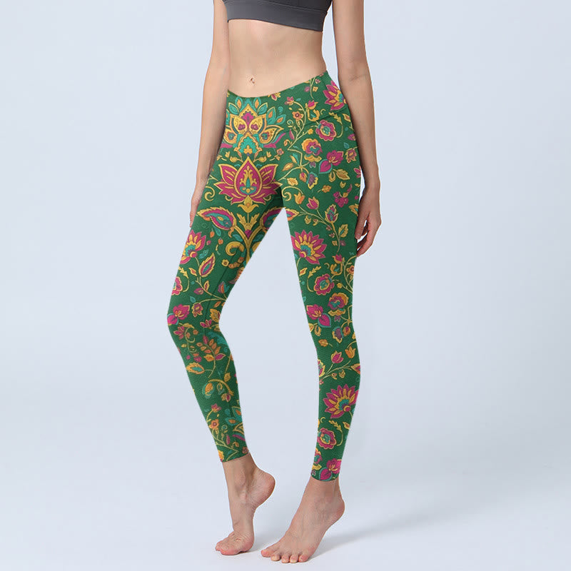 Buddha Stones鮮やかな色の花と葉の模様 ジムレギンス レディース ヨガパンツ - 緑 - US18、 UK/AU22、 EU50 (4XL) - image 0
