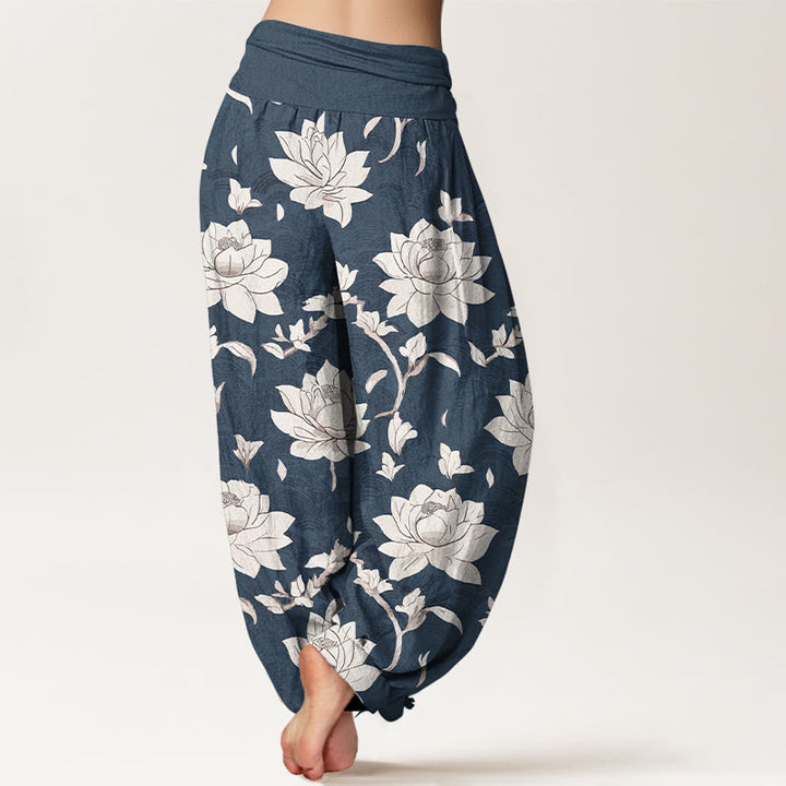 Buddha Stonesピュアコットン ベージュ ロータス柄 レディース 伸縮性ウエスト ハーレムパンツ - image 6