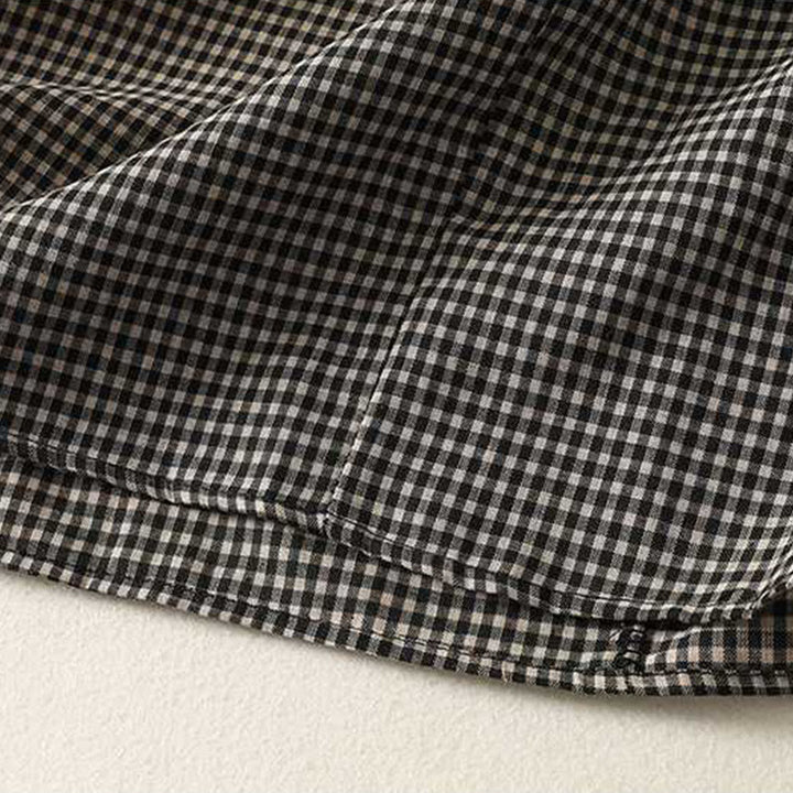 Buddha Stones秋冬 ブラック ホワイト チェック柄 ハイネック レースアップデザイン 長袖 ミディ丈 ドレス ポケット付き - image 7