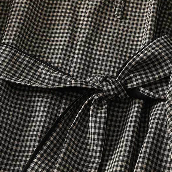 Buddha Stones秋冬 ブラック ホワイト チェック柄 ハイネック レースアップデザイン 長袖 ミディ丈 ドレス ポケット付き - image 4