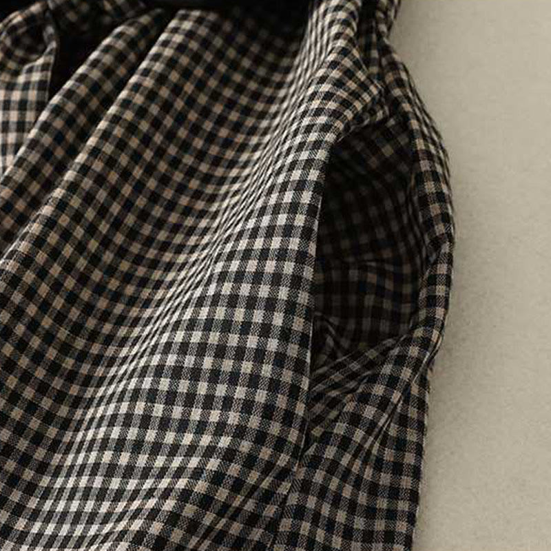 Buddha Stones秋冬 ブラック ホワイト チェック柄 ハイネック レースアップデザイン 長袖 ミディ丈 ドレス ポケット付き - image 5