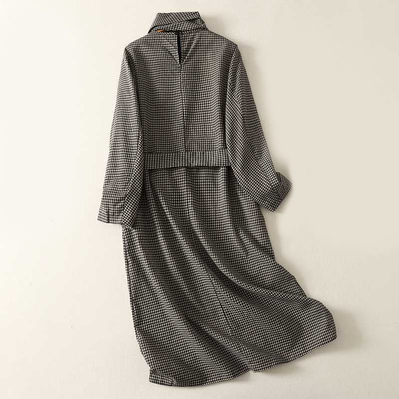 Buddha Stones秋冬 ブラック ホワイト チェック柄 ハイネック レースアップデザイン 長袖 ミディ丈 ドレス ポケット付き - image 1