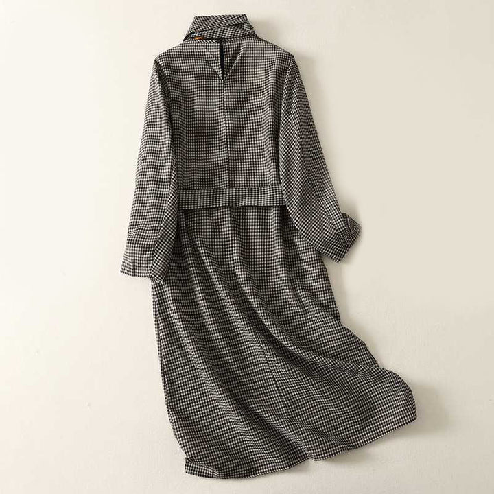Buddha Stones秋冬 ブラック ホワイト チェック柄 ハイネック レースアップデザイン 長袖 ミディ丈 ドレス ポケット付き - image 1