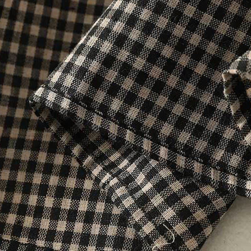 Buddha Stones秋冬 ブラック ホワイト チェック柄 ハイネック レースアップデザイン 長袖 ミディ丈 ドレス ポケット付き - image 9