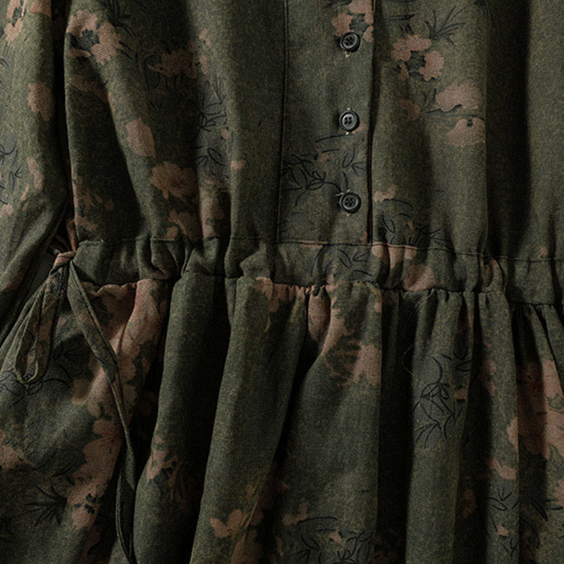 Buddha Stonesカジュアルフラワープリント柄ボタンデザインロングスリーブミディドレス（ポケット付き） - image 5