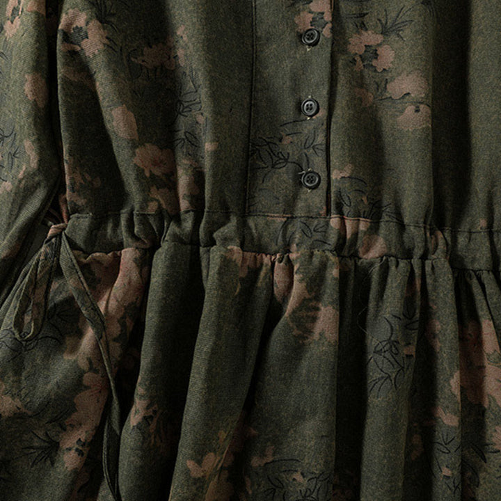 Buddha Stonesカジュアルフラワープリント柄ボタンデザインロングスリーブミディドレス（ポケット付き） - image 5