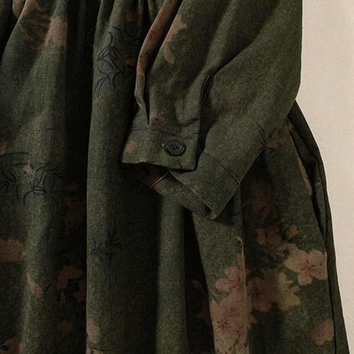 Buddha Stonesカジュアルフラワープリント柄ボタンデザインロングスリーブミディドレス（ポケット付き） - image 4