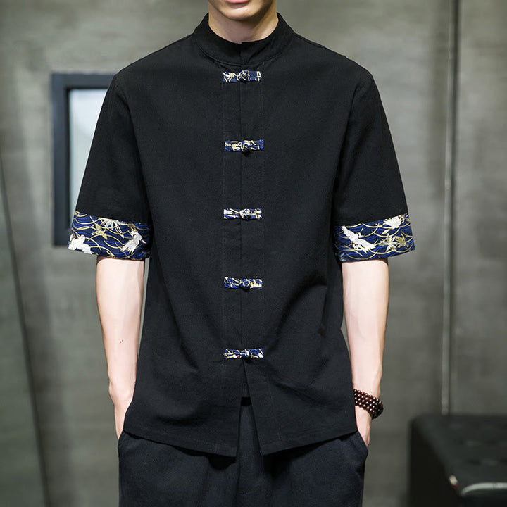 Buddha Stones無地 カエルボタン スタンドカラー メンズ 半袖 ホワイト クレーン コットンシャツ - 黒 - US/UK/AU46、 EU56 (5XL) - image 0