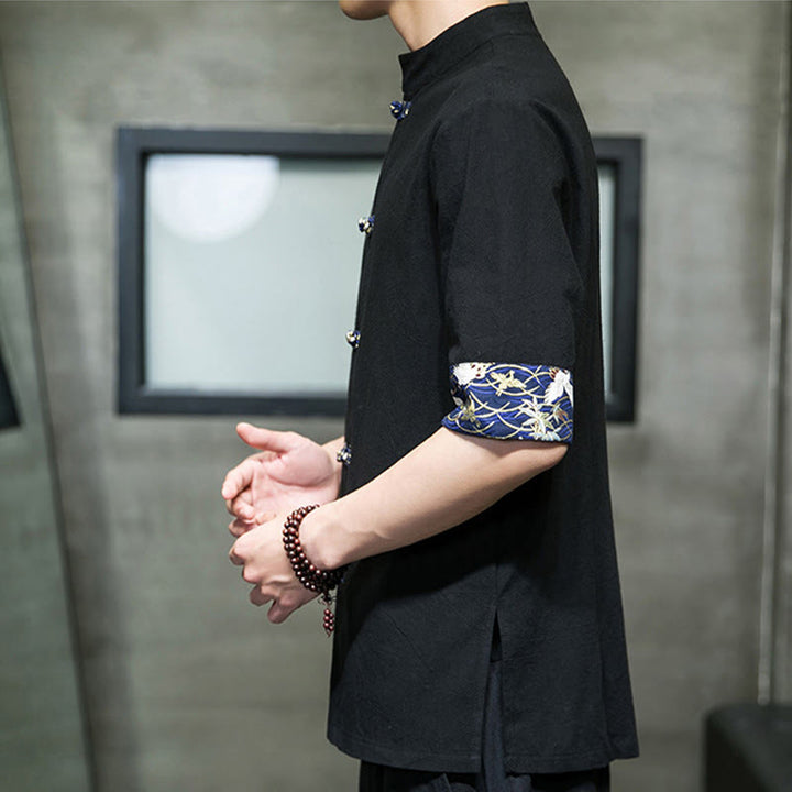 Buddha Stones無地 カエルボタン スタンドカラー メンズ 半袖 ホワイト クレーン コットンシャツ - image 6