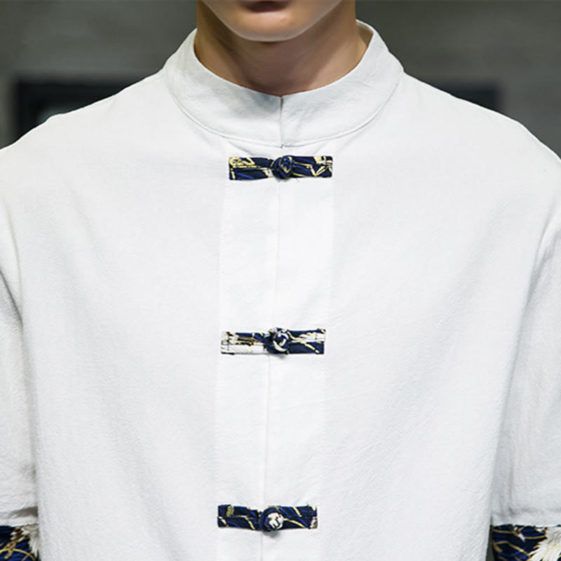 Buddha Stones無地 カエルボタン スタンドカラー メンズ 半袖 ホワイト クレーン コットンシャツ - image 16