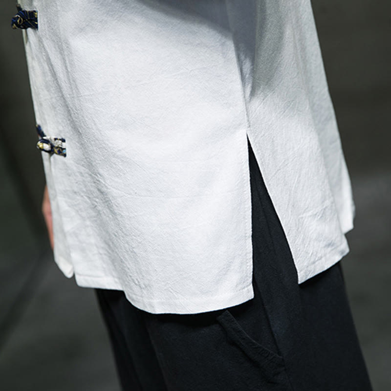 Buddha Stones無地 カエルボタン スタンドカラー メンズ 半袖 ホワイト クレーン コットンシャツ - image 18